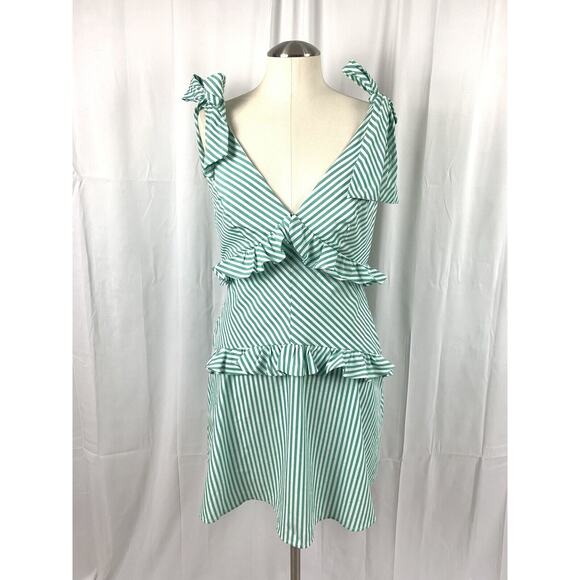 BCBGeneration Tie Shoulder Green And White Stripe Ruffle Dress 6 - Picture 3 of 16